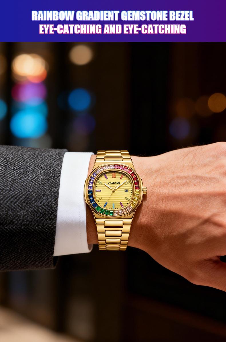 Brand Counter Authentic Premium Boutique Luxury Square Wristwatch – Rainbow Crystal Accents | High‑End Men’s Timepiece with Diamond Mirror Finish  | Versatile Casual & Business Look | Ideal Gift for Him | Stylish Wristwatch with Date Function