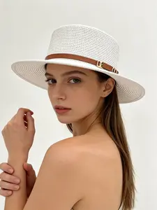 Women's Summer Beach Straw Hat, Flat Top Sun Protection Cap, Wide Brim Panama Style, UV Protection Upf, Fashion Outdoor Accessory