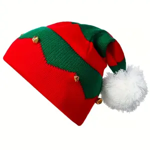 1pc Preppy Style Christmas Elf Knitted Beanie Hat with Bells, Acrylic Material, Festive Xmas Party Costume Accessory, Christmas Hat