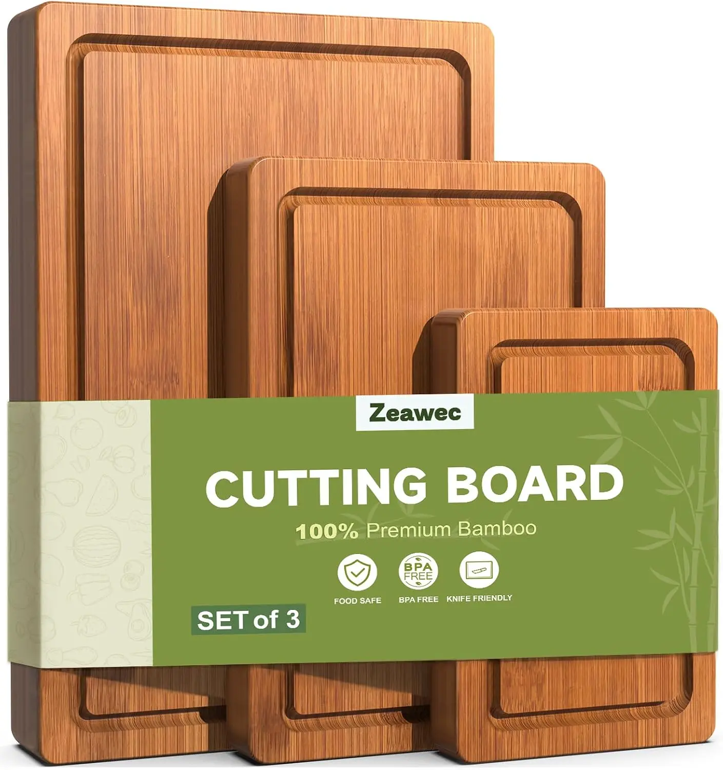 3-Piece Bamboo Cutting Board Set, Deep Carbonized Wood Chopping Boards, Pre-Oiled with Deep Juice Grooves for Kitchen