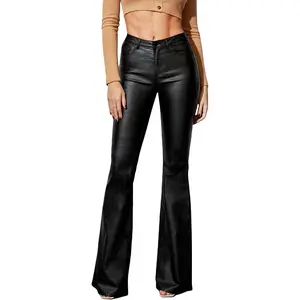 WDIRARA Women's Faux Leather Flare Pants Stretchy Skinny Leggings Bootcut Pants