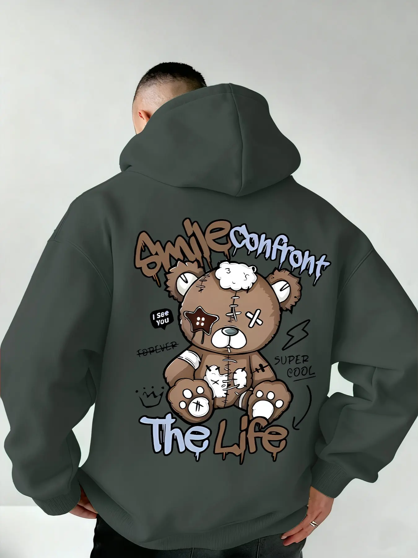New Men's Hooded Sweatshirt 'violent Bear' Fashion Print, Casual Streetwear Sweatshirt, Soft Stretch Knit Fabric, Standard Fit, Casual All-Season Wear, Youth Essential