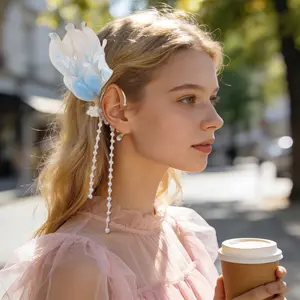 Blue Fairy Ear Cuffs for Women, No Piercing Elf Ear Clip with Faux Pearl Tassel, Renaissance Festival Mermaid Cosplay Ear Wrap Jewelry, 1 Pair