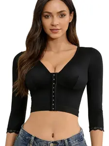 Upper arm shaping sleeve compression tops after breast surgery push-up bra cropped tops, body shapers faja colombianas non-slip Lace design basic comfort ultra stretch fabric solid color workout front hook Activewear Womenswear Vneck Athletic Shapewear