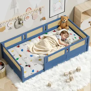 NEKODO Handcrafted Rattan Floor Bed, Twin/Full Size Wood Montessori Bed with Breathable Woven Fence, Eco-Friendly Toddler Bed Frame for Girls Boys, Mist Blue/Sky/White