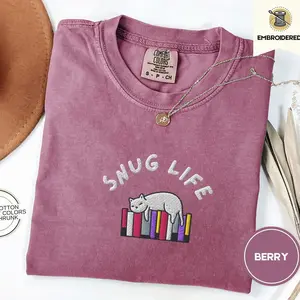 Snug Life Embroidered Cat and Books Cozy Homebody Shirt for Book Lovers, Vintage Embroidery Comfy Oversized TShirt, Fall Autumn Gifts C