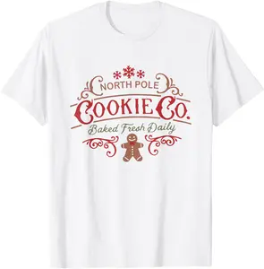 100% Cotton Women Retro Christmas Gingerbread Bakery North Pole Cookie T-Shirt