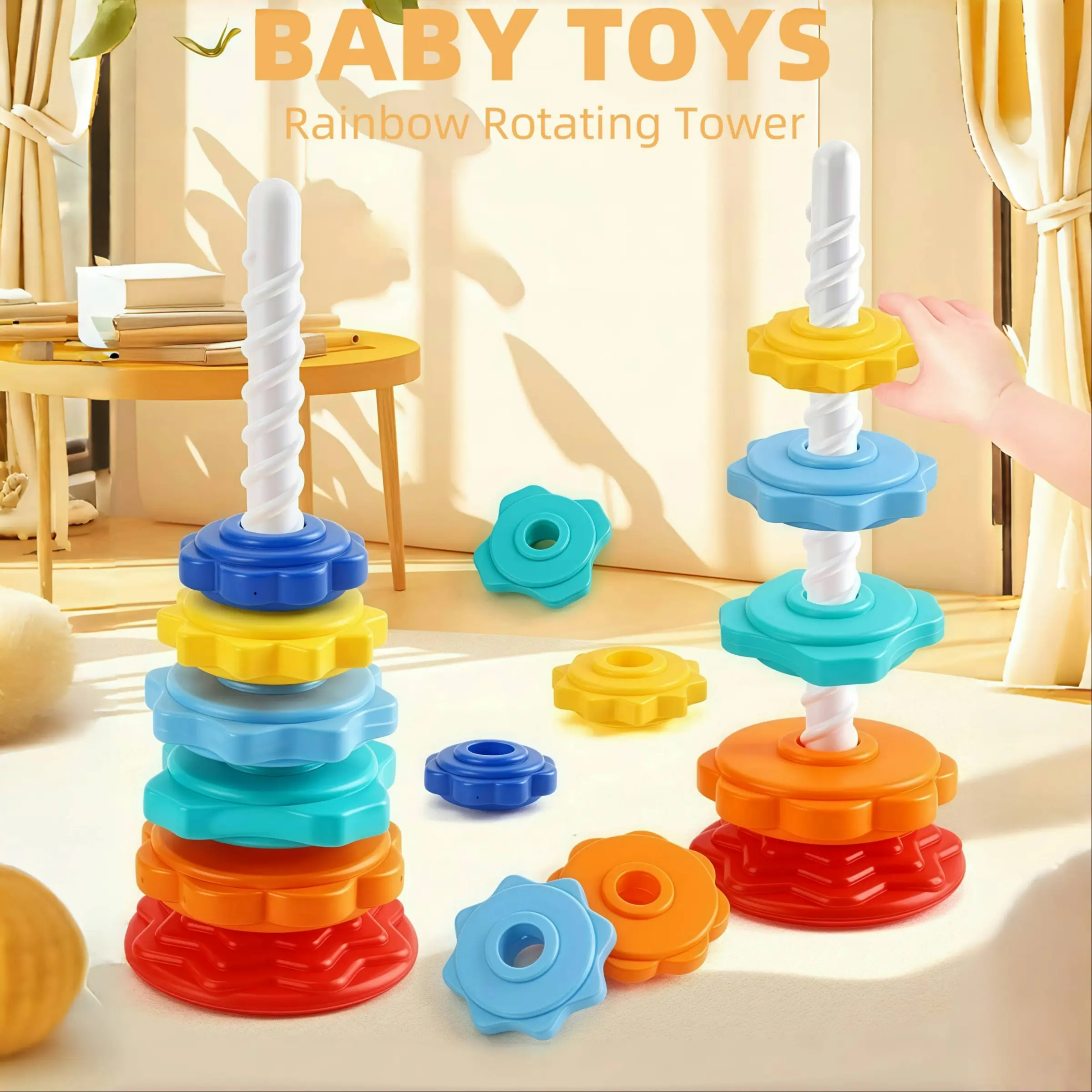 Baby Spinning Stacking Toys for Toddlers 1-3, Rainbow Ring Stacker Montessori Toys for Babies 6-12 Months, 1 2 3 One Year Old Girl Boy Christmas Birth