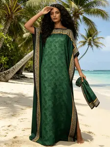 2026 New Women's 2 Piece Emerald Green Leopard Trim Kaftan Maxi Dress with Matching Scarf, Silky Loose Pleated Robe, Plus Size Friendly, Beach Cover Up, Resort Vacation & Evening Party Wear