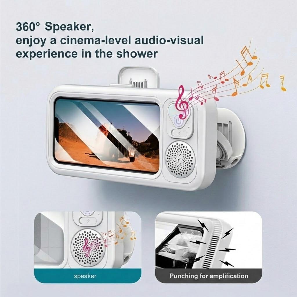 Shower Wall Mount Phone Holder with Bluetooth Speaker, IPX7 Waterproof Touch Screen 360° Rotation Phone Case