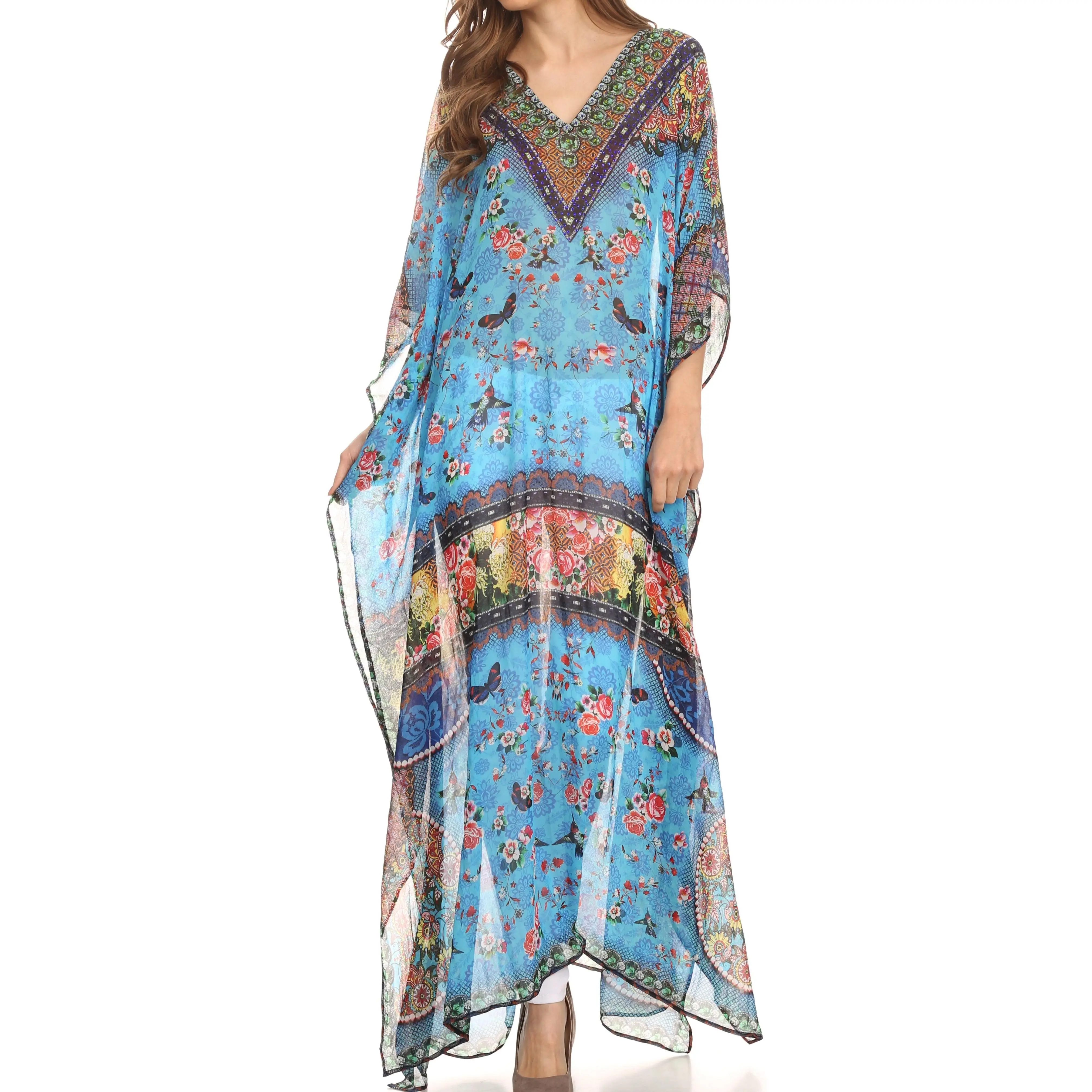 Sakkas Wilder Printed Design Long Sheer Rhinestone Caftan Dress / Cover Up
