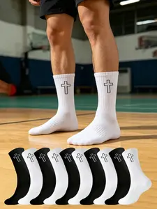 Cross Stitch Flower Pattern Mid-Calf Socks, Unisex Comfortable Breathable, 10 Pairs Set, Suitable for All Seasons