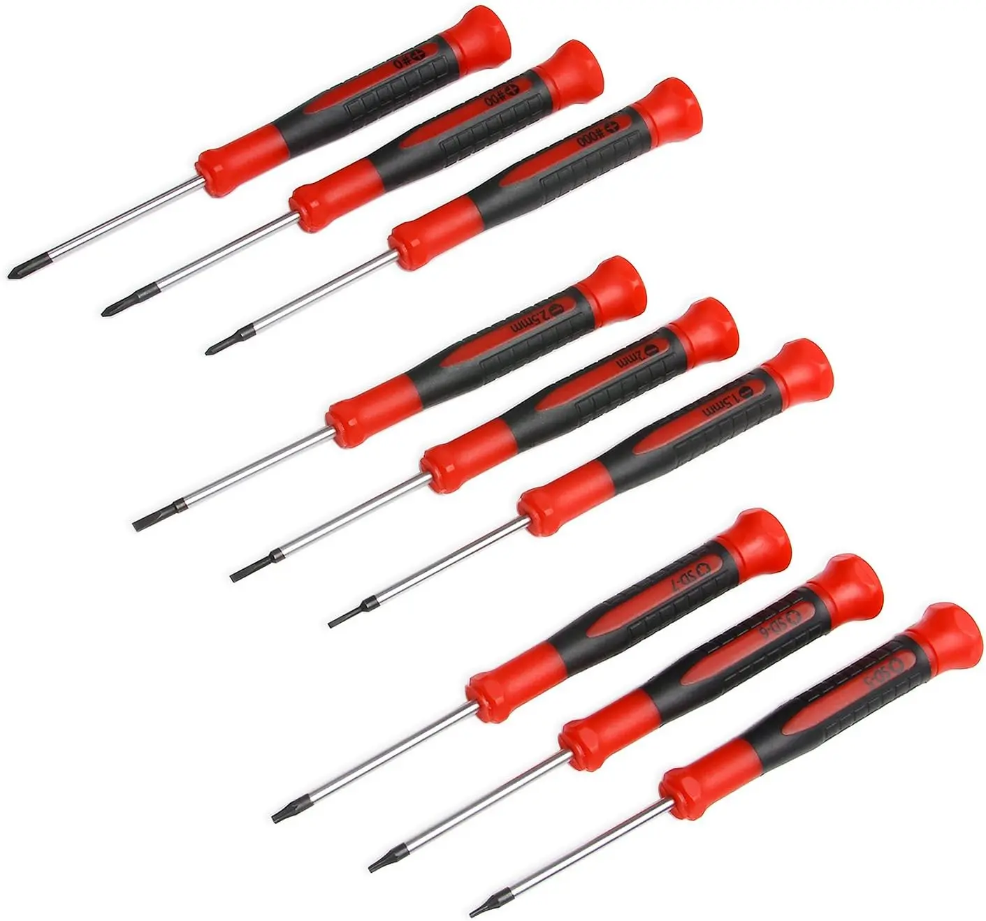 9- Precision  Set | Phillips #0, #00, #000 | Flat 1.5mm, 2.0mm, 2.5mm | Torx T5, T6, T7 | Durable Chrome Vanadium Steel Shaft,  Tip,  Grip, and Swivel End Cap