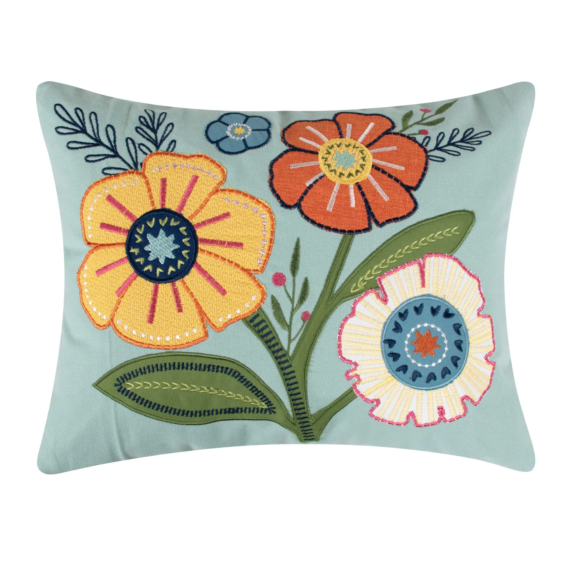 Embroidered Garden Motif Grandiflora Flower Applique Pillow - Feather Fill Soft Furnishing, Floral Bedding Accessory for Bedding, Living Space Room Accessories, Embroidery