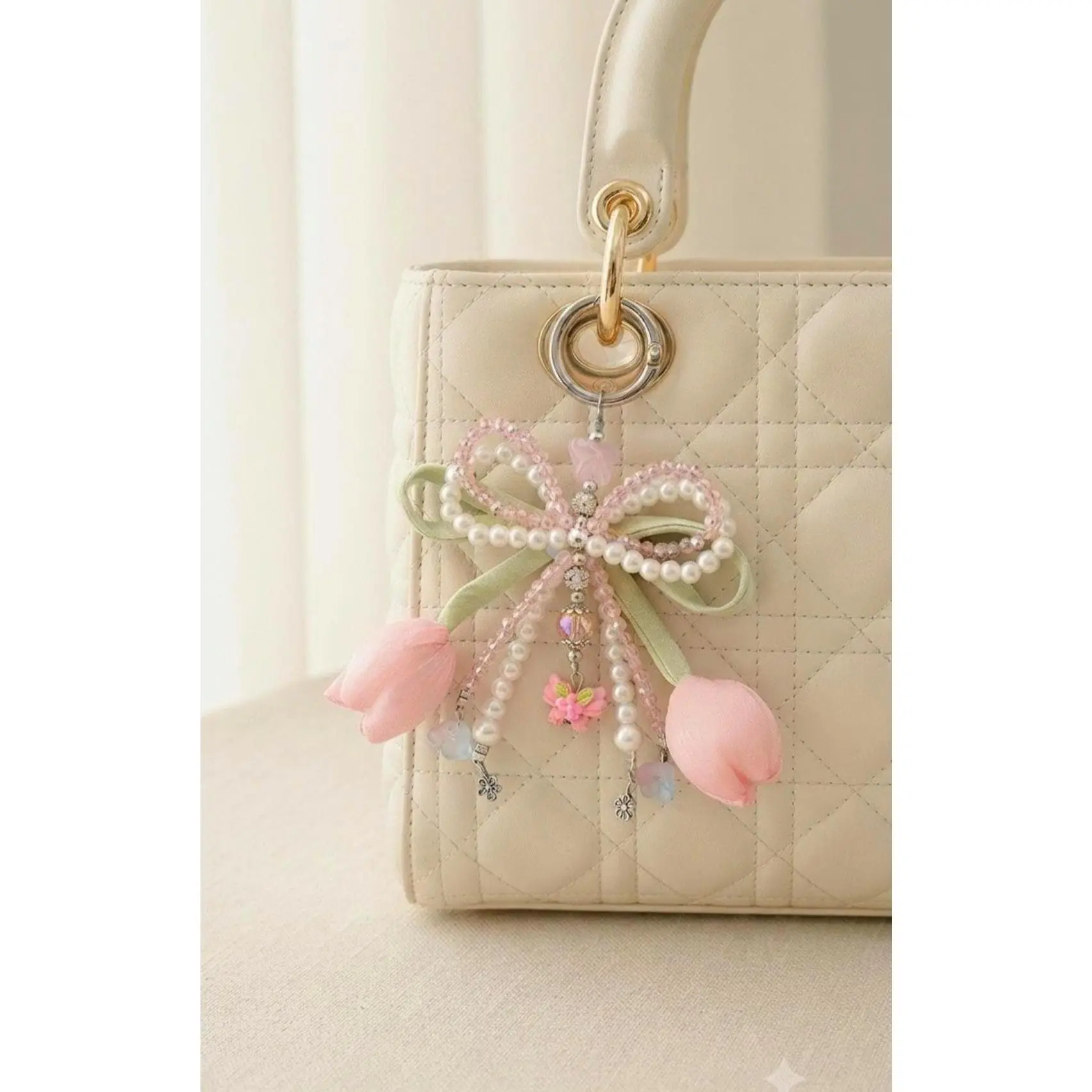 Tulip Flower Keychain - Fabric Bow Shape Cute Charm with Pearl Beads, Floral Motif Coquette Bag Accessory, Multiple Colors Costume Jewelry