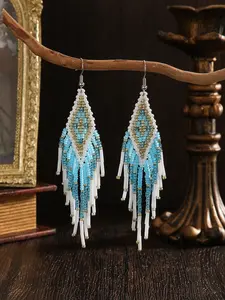 Bohemian Handmade Tassel Earrings, Women's Fashion Jewelry, Blue Geometric Pattern, Daily Wear, Holiday Gift Choice