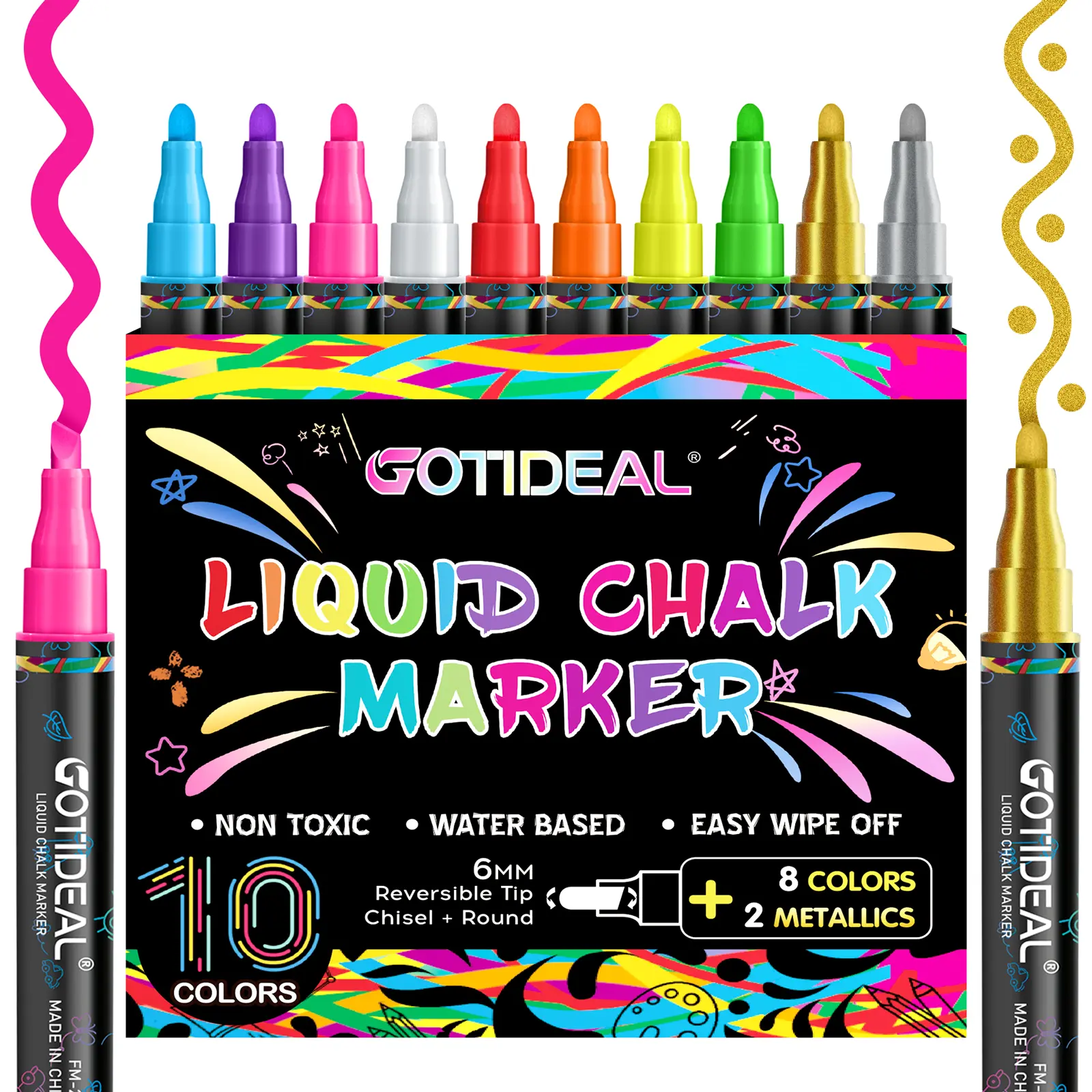 GOTIDEAL Liquid Chalk Markers,10 Colors Liquid Chalk Markers for Blackboard,Erasable Chalk Board Pens,Window markers for Glass Washable,Car,Glass,Calendar,Sign,Menu Diy Painting(6 mm Bold&Chisel Tip)