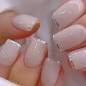 Elegant Nude with Silver-trim Press-On Nails | CurvLife Nail | 30pcs Medium Square Fake Nails | Glossy Finish with Subtle Shine & Delicate Accents | Easy to Apply, Comfortable & Long-lasting | Perfect for Business , Interviews, Church & Refined Gatherings