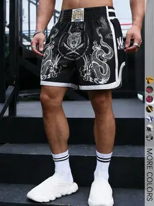 1 Pair Men’s Dragon & Tiger Print Boxing Shorts, Asian Style Elastic Waistband, For MMA Training, Workout Gym Wear and Summer Sports, Stretch Shorts, Streetwear Sports Shorts