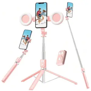 67Inch Aluminum Alloy Phone Selfie Stick with 2 Fill Light, Multifunctional Remote Control Selfie Stick, Live Streaming Tripod for Mobile Phone, Tripod Stand for Vlogging, Gimbal, Photography, Camera Cellphone Smartphone Black tripod ring light moving