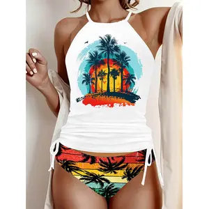 Two-piece Plus-size Women's Floral Pattern Tankini Summer Beach Drawstring Bathing Suit