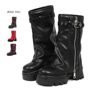 Women's Fold Over Boots Slouchy Boots Wide Calf Pleated Platform Boots Stacked Side Zipper Boots Mid Calf Boots Goth Y2k