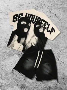 Men's short-sleeved T-shirt and shorts set. Includes a printed crew-neck T-shirt and distressed, ripped shorts. The T-shirt features letter and stylish character portrait designs, suitable for all seasons. Menswear