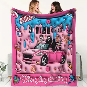 Barbie Style and Horror Killer Parody Pattern Flannel Blanket, Ghost Face Blanket, Soft and Fluffy Warm Blanket, Suitable for Living Rooms, Sofas, Offices, Camping, and Travel