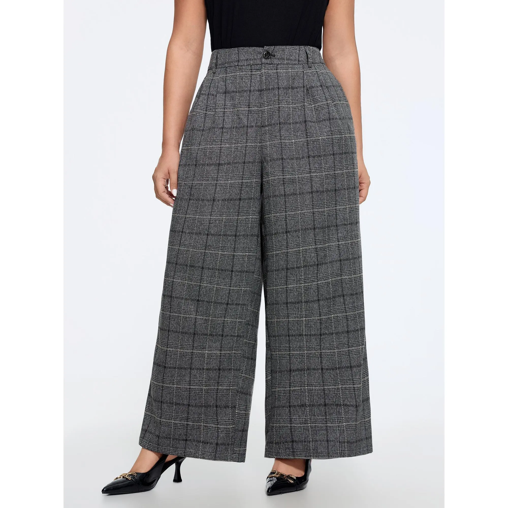 BloomChic Checkered Pleated Loose Fit Wide Leg Pants 【M-6XL】