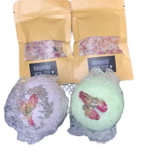 Handmade Signature Bath Bombs - 2 4oz Bath Salt Packages with Rose Buds & Rose Petals, Includes 2 Packaging Options