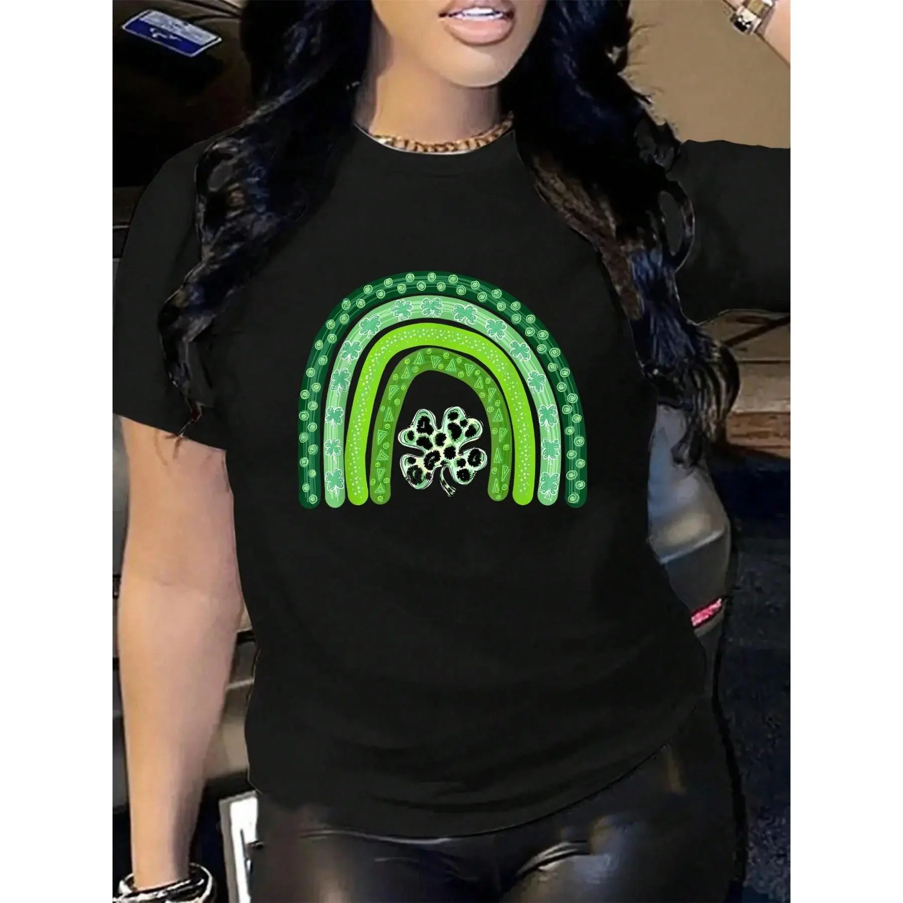 100% Cotton Leopard Print Rainbow St Patricks Day Irish Shamrock T-Shirt Men's Women's Soft Breathable Tee Classic Fashion Summer Tops Printing Short Sleeve T-Shirt Summer, Cotton, Casual, Short Sleeve, Graphic Tee, Soft, Breathable, Loose Fit, Streetwear