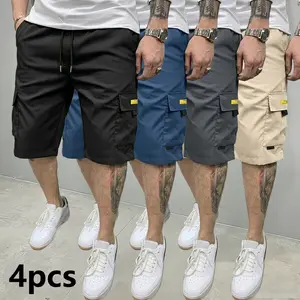 Men’s athletic cargo shorts, 4-pack, knee-length, featuring an adjustable drawstring waist and multiple pockets—casual and versatile, suitable for casual everyday wear, outdoor activities, workouts, running, and work/commuting.