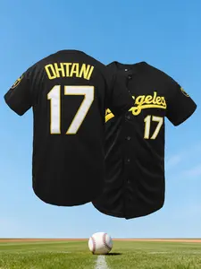 Men's Los Angeles 17 Embroidered Baseball Jersey, Black and Gold Button Down Short Sleeve Athletic Shirt, Breathable Baseball Uniform for Sports, Hip Hop and Casual Outfits