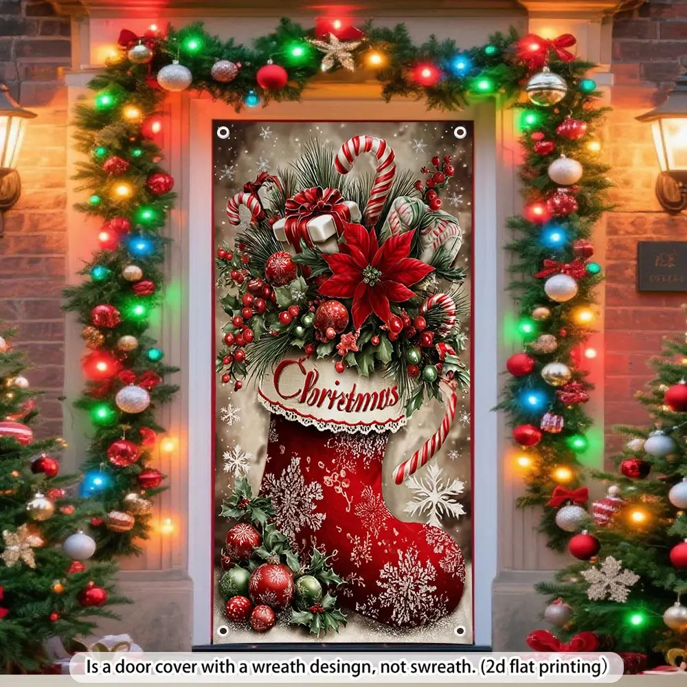 Christmas Candy Cane Door Flag, 2D Polyester Design with Snowflakes & Winter Greens, Indoor Outdoor Holiday Decoration, No Power Needed