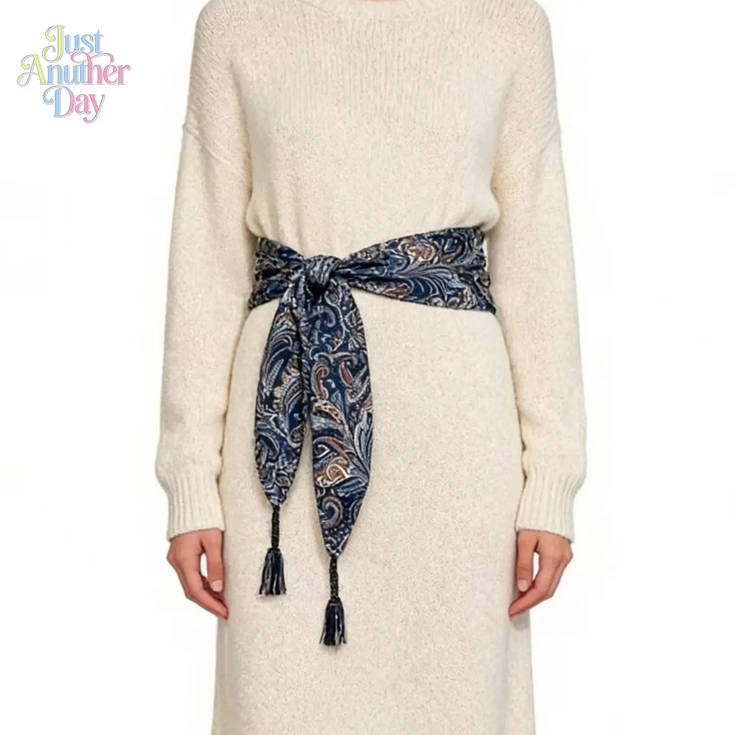 Dark Blue Paisley Print Scarf, Triangle Waist Sash & Pant Hem Decor, Retro Bandana Style Accessory for Layering with Jeans, Skirts & Dresses