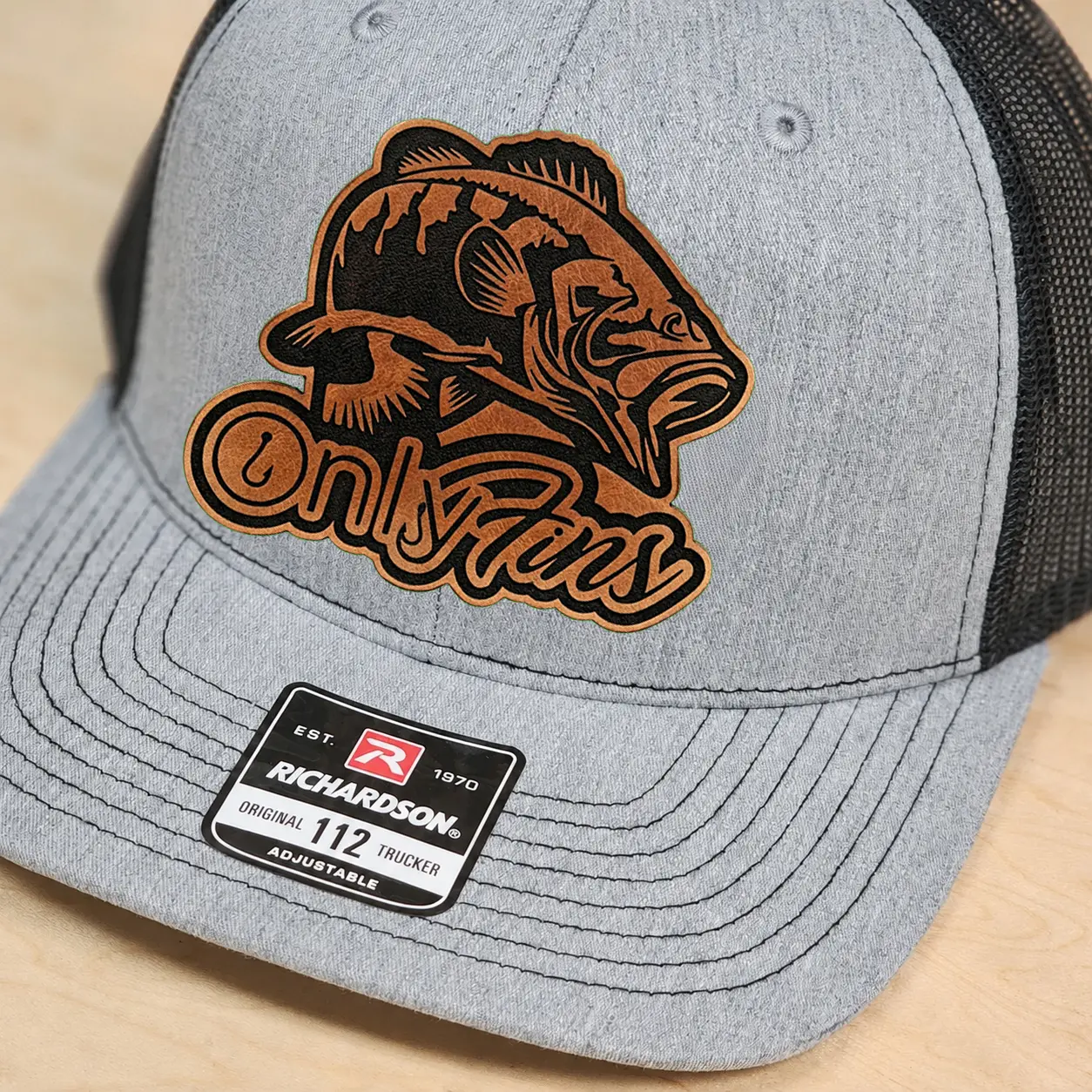 OnlyFins Bass Fishing Leather Patch Hat, Richardson 112 Trucker Cap for Men, Funny Fishing Gift, Outdoor Angler Snapback, Laser Engraved Leather Patch Hat, Heather Gray and Black Mesh Back Hat, O