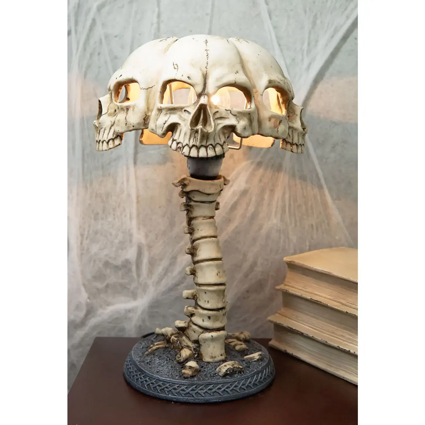 Ebros Evil Resurrection Ossuary Skulls Shade W/ Skeleton Bone Spine Column Table Lamp