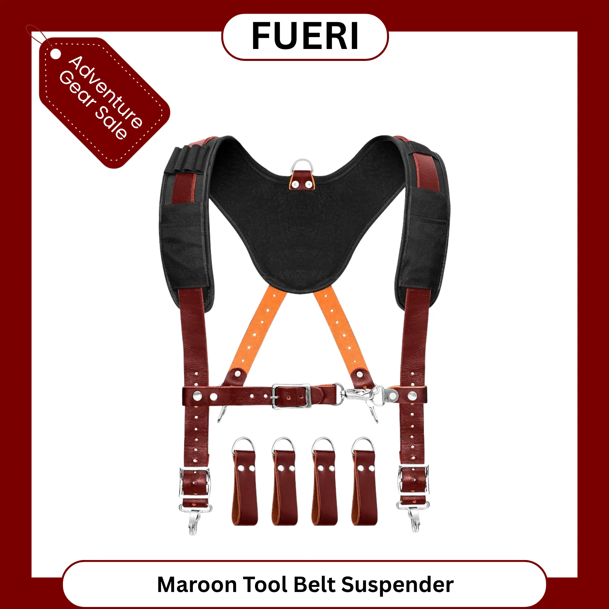 FUERI Adjustable Leather Tool Belt Suspenders - Detachable Foam-Padded on Shoulders, Reinforced for Carpenters & Electricians.