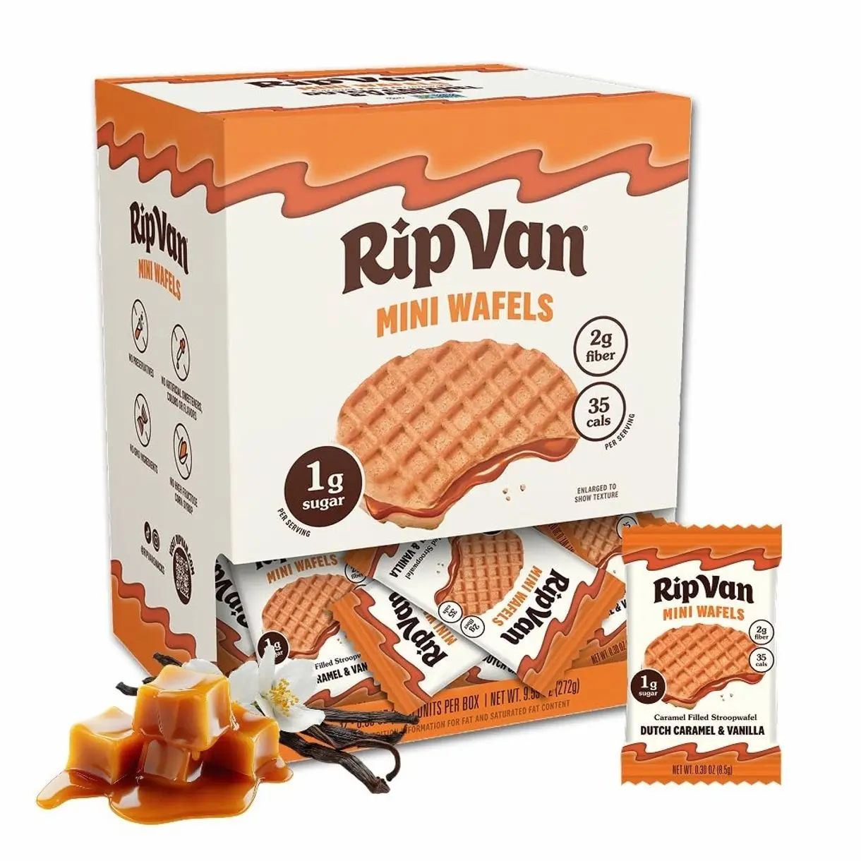 Rip Van Wafels Dutch Caramel Mini Stroopwafels - Low Carb Snacks (3g Net Carbs) - Non GMO Snack - Keto Friendly - Office Snacks - Low Calorie Snack (34 Calories) - Low Sugar (1g) - 32 Pack
