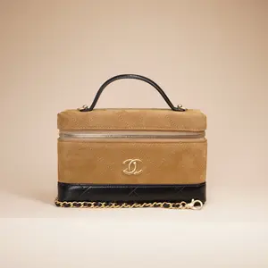 Pre-owned CHANEL Lambskin Crossbody Bags Suede Calfskin Shiny Quilted Slim Vanity Case With Chain Beige Black