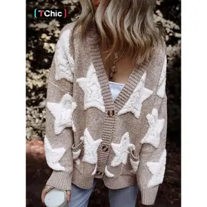 Women’s star-patterned jacquard wool sweater with front buttons, off-shoulder V-neck design for autumn and winter; a fashionable knitted everyday garment.
