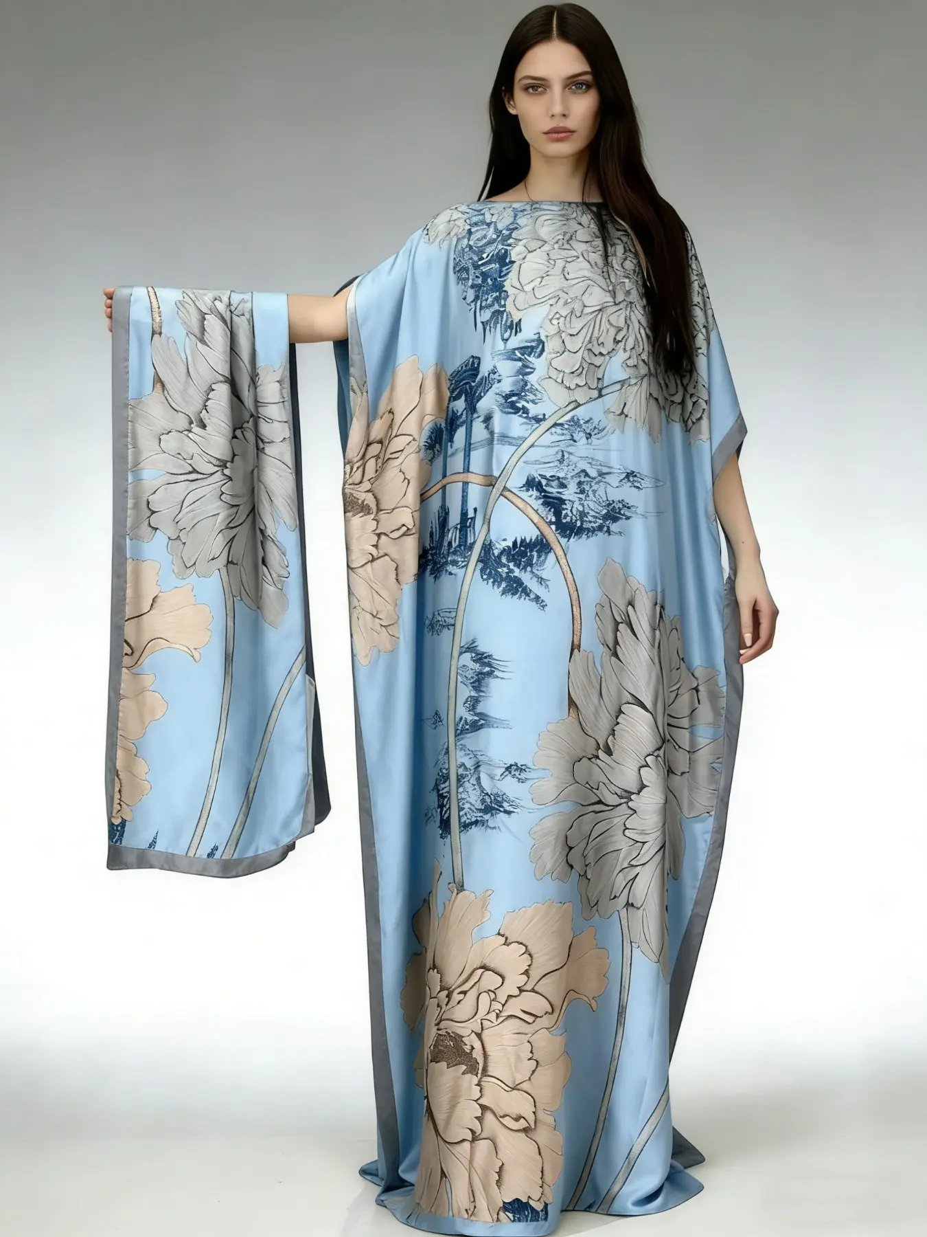 1dress+1scarf Light Wash Blue Floral Printed Satin Kaftan Dress Women Oversized Summer Beach Cover Up Robe Loose Muslim Abaya Vacation Casual Maxi Nightgown Beach Kaftans