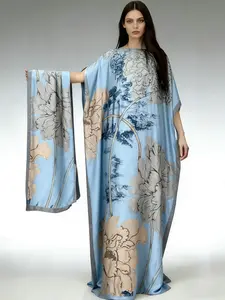 1dress+1scarf Light Wash Blue Floral Printed Satin Kaftan Dress Women Oversized Summer Beach Cover Up Robe Loose Muslim Abaya Vacation Casual Maxi Nightgown Beach Kaftans
