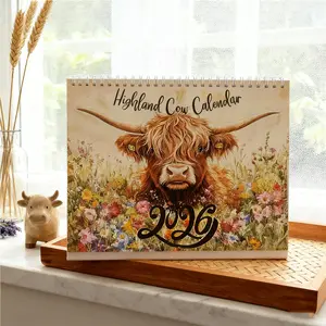 2026 Highland Cow Cover, Fun Flower Design Wall Decor, Christmas Gift Idea, Simple Creative Planner for Indoor Decoration, Tear Off Calendar