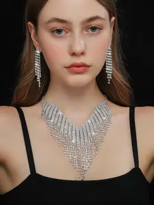 Women's Luxury Rhinestone Tassel Design Necklace and Dangle Earrings, Exquisite Trendy Jewelry Set, Glamour Set, Fashionable Luxury Banquet Wedding Dress Accessories