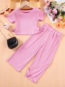 Two-piece Set Toddler Girl's Solid Ribbed Tee & Wide Leg Pants Set, Casual Short Sleeve T-shirt & Elastic Waist Trousers, Summer Clothes for Kids, Fine Girls Outfit, Casual Fashion Set