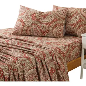 King Size Sheets 100% Cotton Burgundy Red Paisley Patterned Bed Sheet Set Luxury Soft Breathable Crispy Cooling Percale Printed Deep Boho Bed Set 17.5 Inches, 4 Pieces