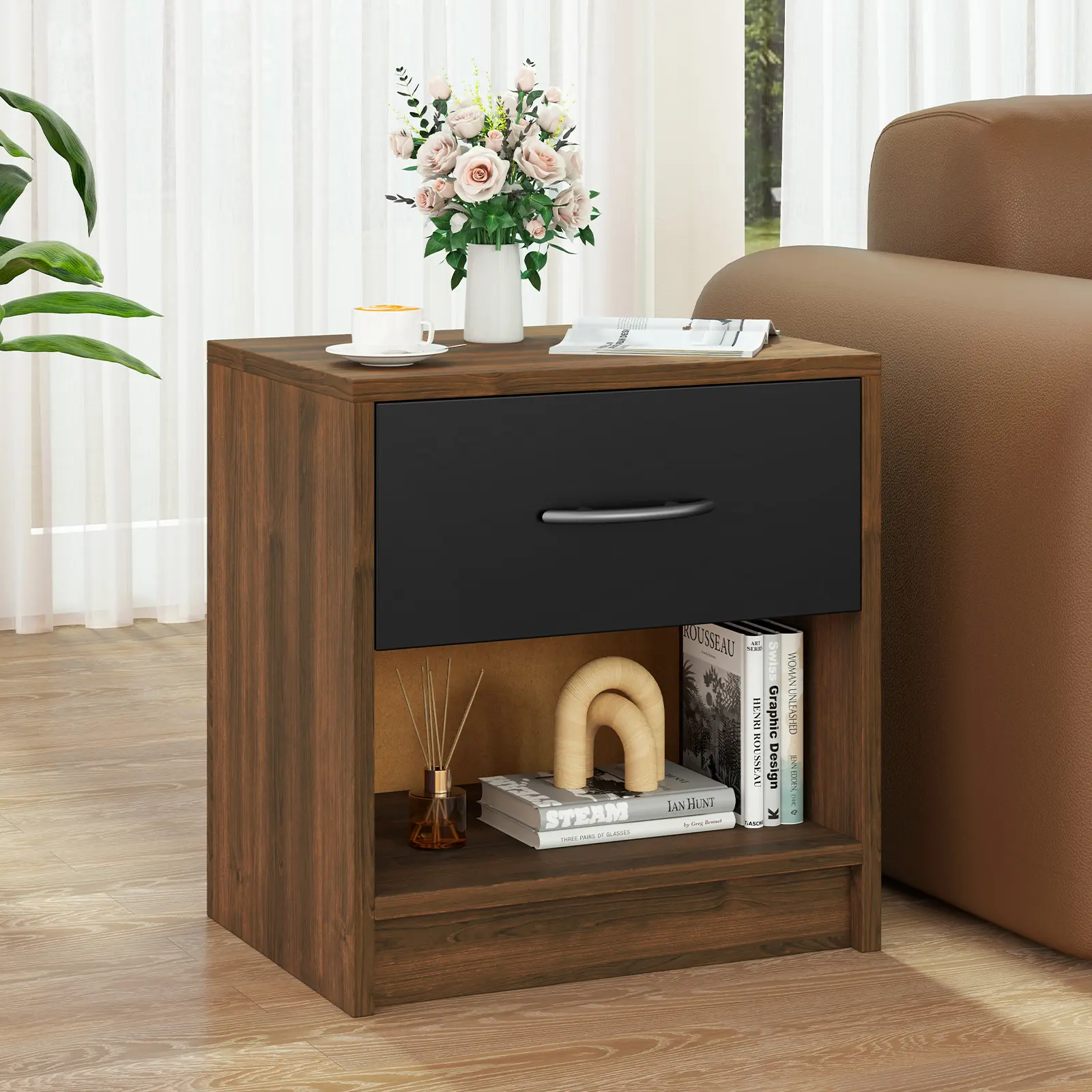 COSTWAY - Bedside Table Nightstand with Drawer and Open Storage Shelf-Brown