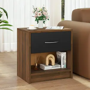 COSTWAY - Bedside Table Nightstand with Drawer and Open Storage Shelf-Brown