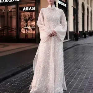 White Sequin Bridal Ao Dai Dress with Pants - Loose Fit Pre Made Ao Dai for Brides, Guests, or Tet Celebrations - Elegant Vietnamese Wedding Ao Dai with Sequin Detailing